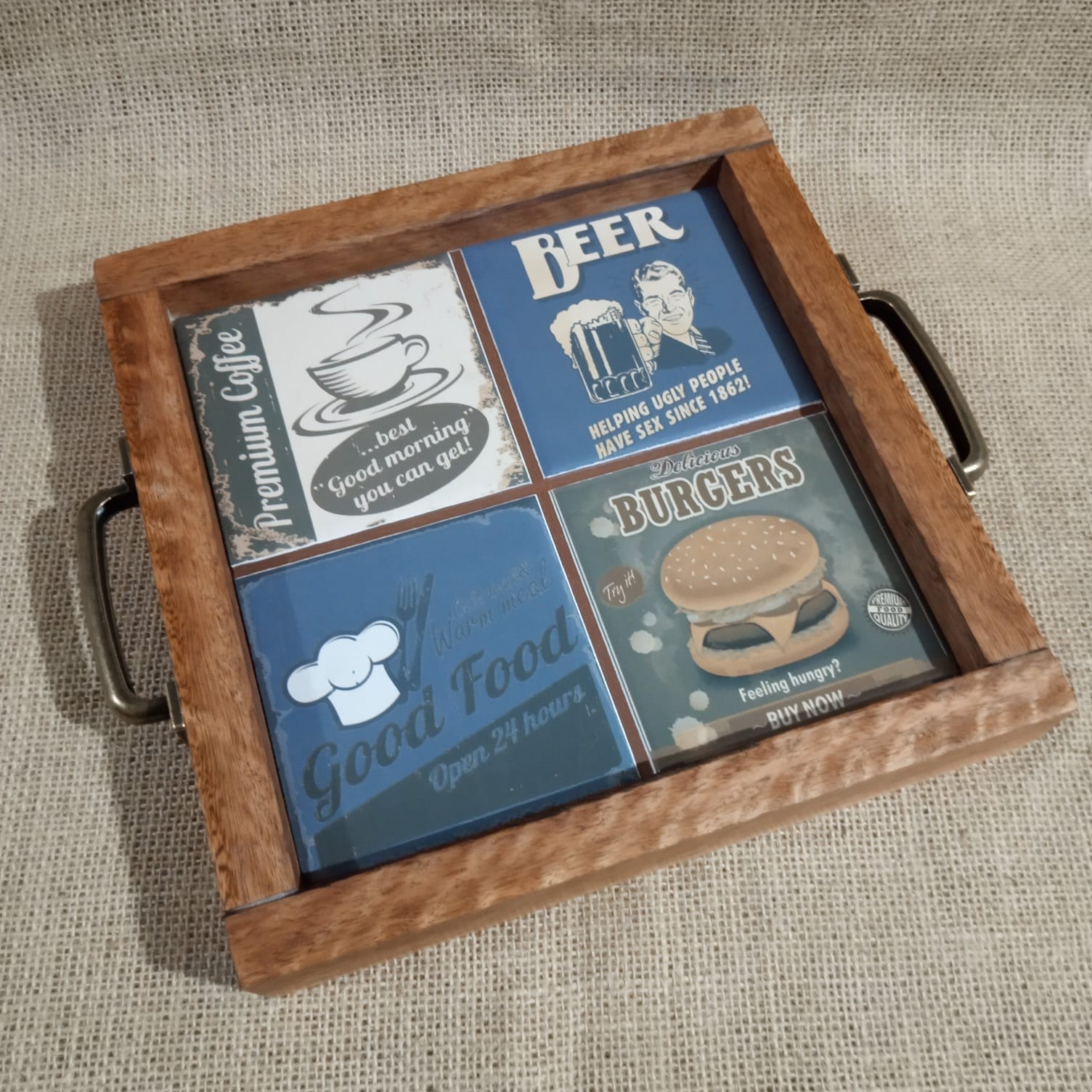 Bandeja pequena com azulejo alça de metal